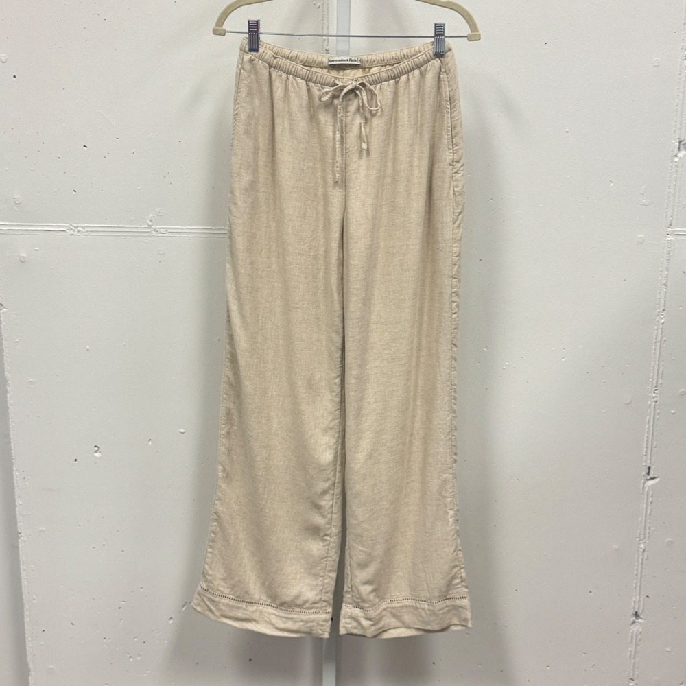 Abercrombie & Fitch Linen Blend Wide Leg Drawstring Pants Beige XS Eyelet Hem